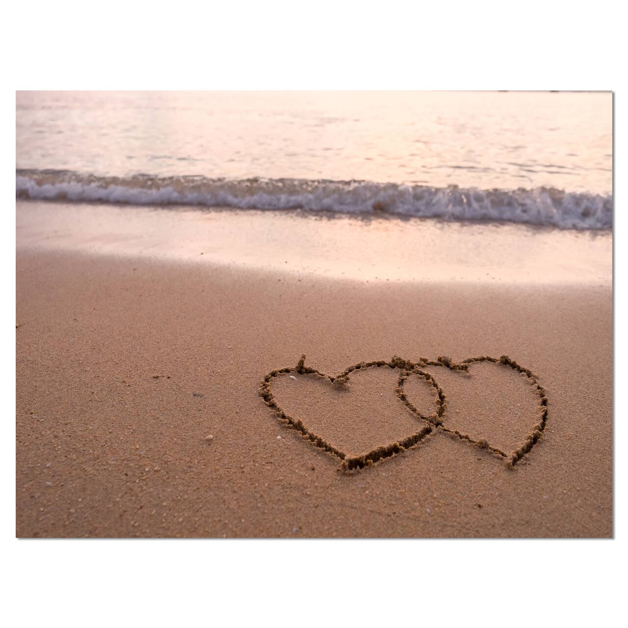 Designart - Two Hearts Drawn on the Beach - Extra Large Seascape Art Canvas